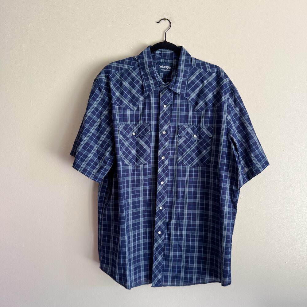 Wrangler Blue + Grey Plaid Short Sleeve Snap Closure Shirt XL Western Country